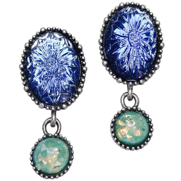 Vintage Signed Avon NR Nina Ricci Blue Lucite Faux Opal Dangle Earrings 1980s - Picture 1 of 11